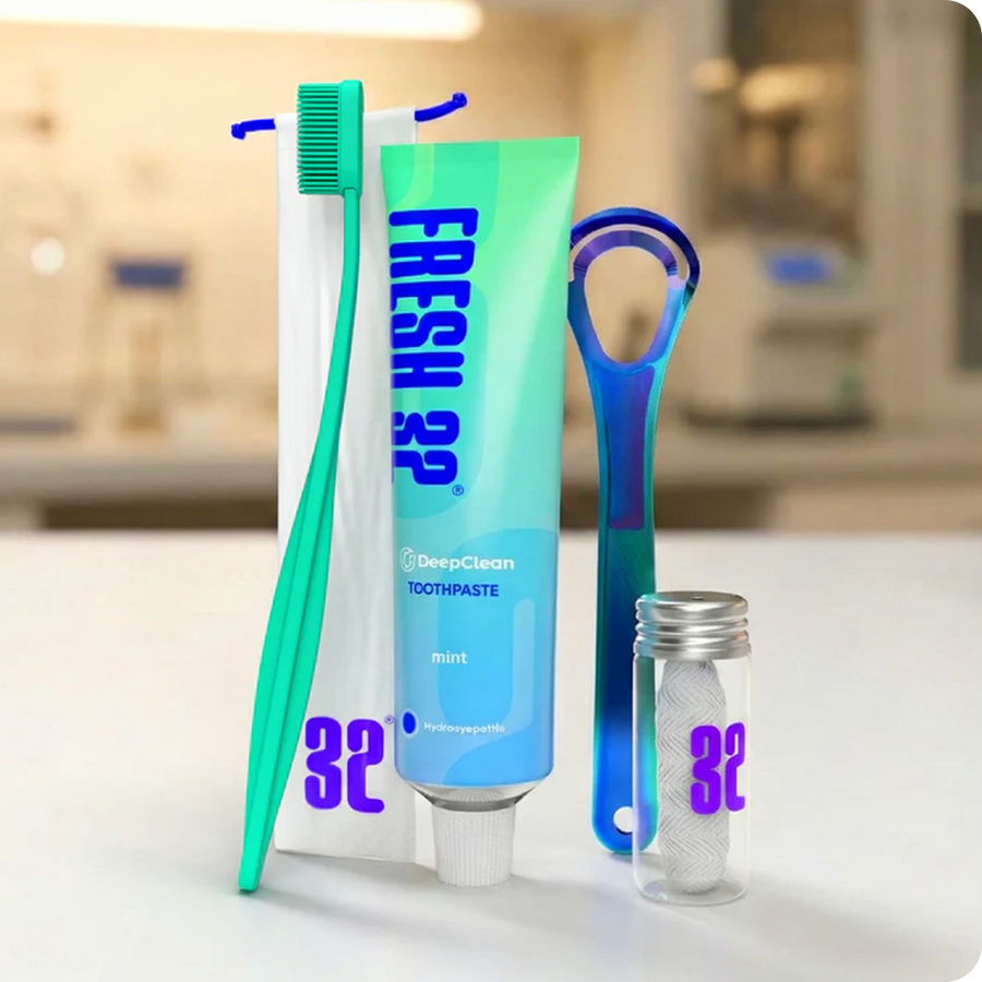 The FRESH 32 Oral Care Kit is designed to stop tartar at the source